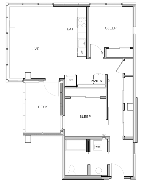 A floor plan of a house with a living room, dining room, kitchen, pantry, two bedrooms, a deck, and a bathroom.